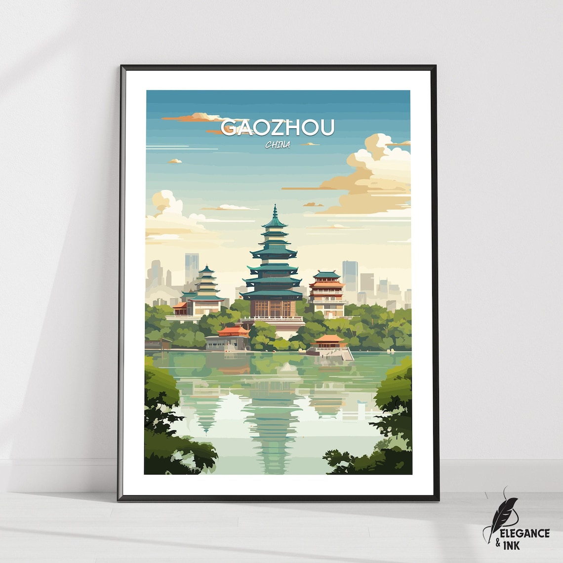 Gaozhou China Pagoda Lake Vintage Travel Illustration Poster