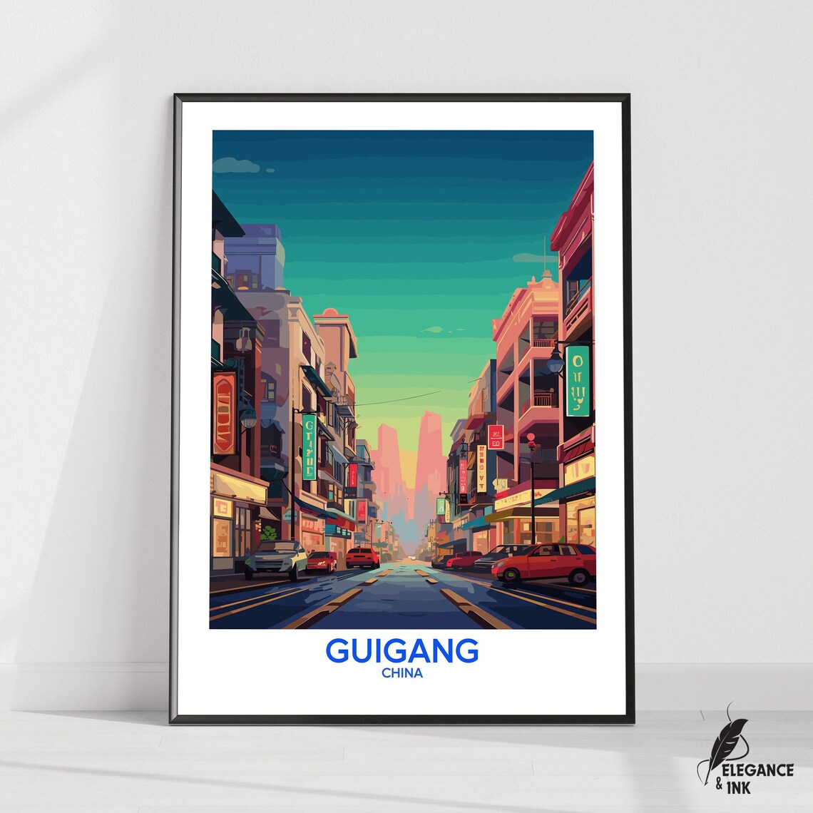 Guigang China Street Night Neon Vintage Travel Illustration Poster