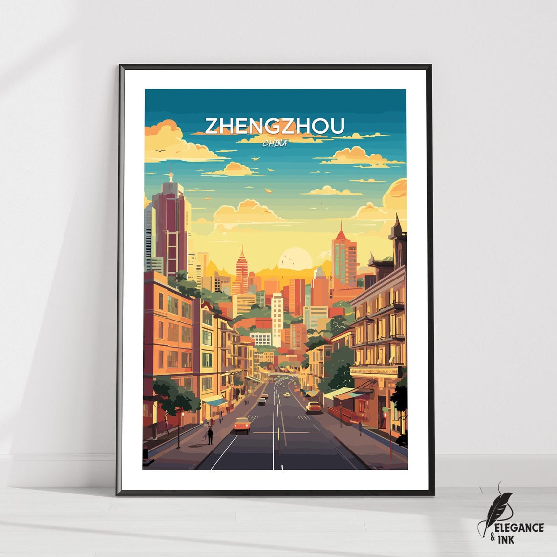 Zhengzhou China Sunset Avenue Top Text Edition Vintage Travel Poster