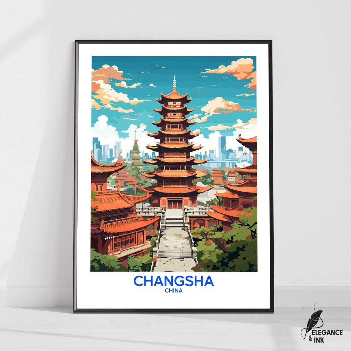 Changsha China Ancient Temple Pagoda Retro Travel Poster Landmark