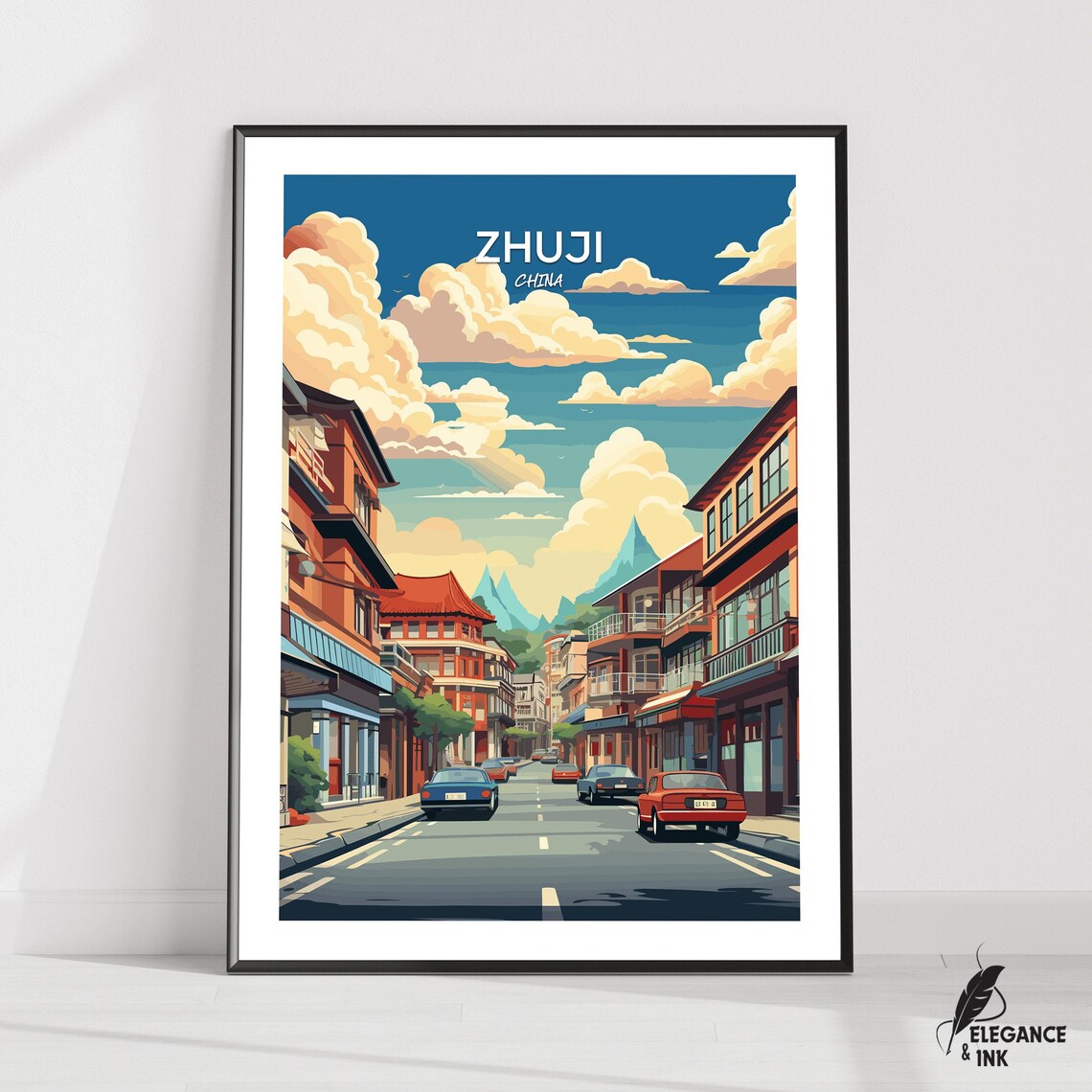 Zhuji China Old Town Street With Cloudy Sky Vintage Travel Poster