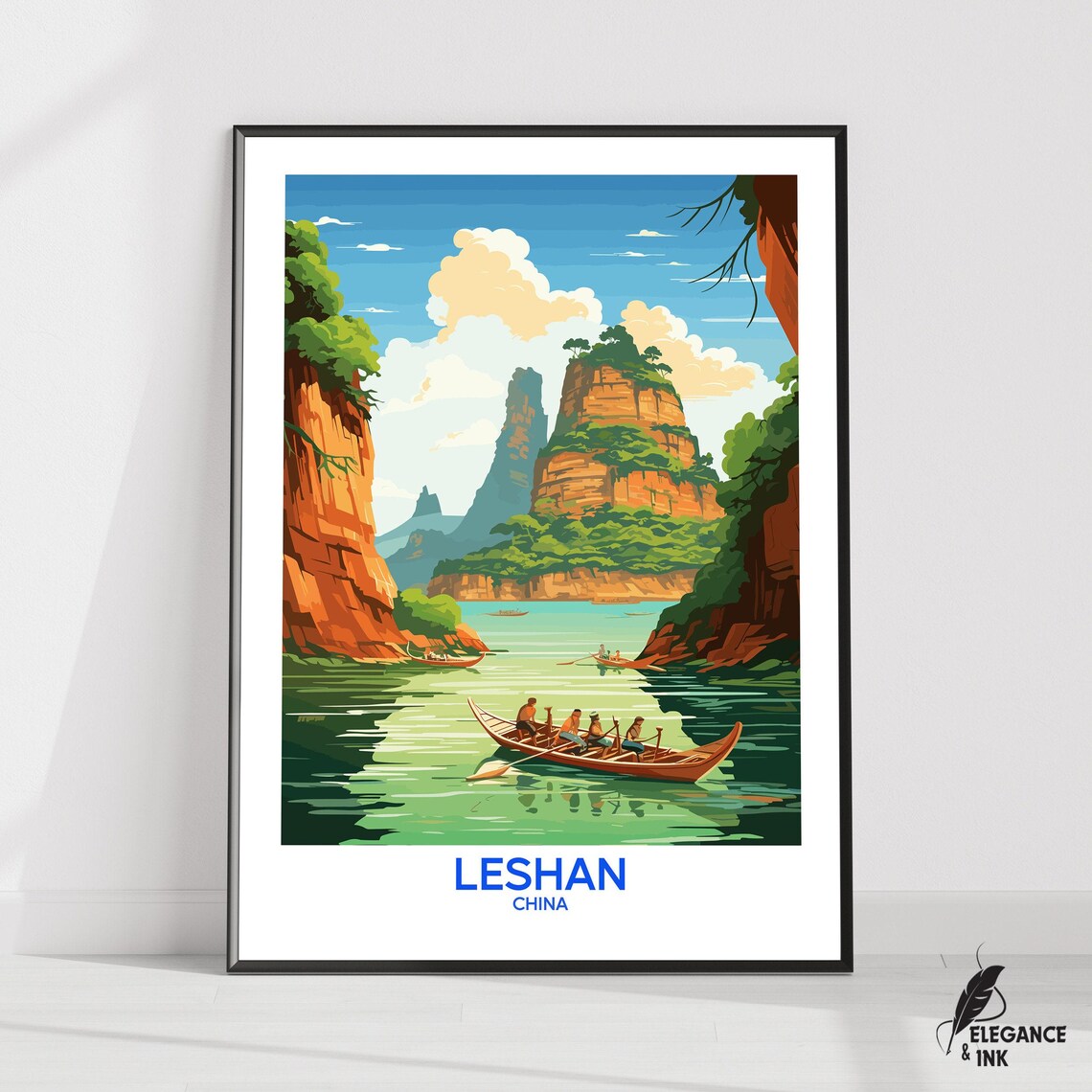 Leshan China River Canyon Wooden Boats Scenic Vintage Travel Poster
