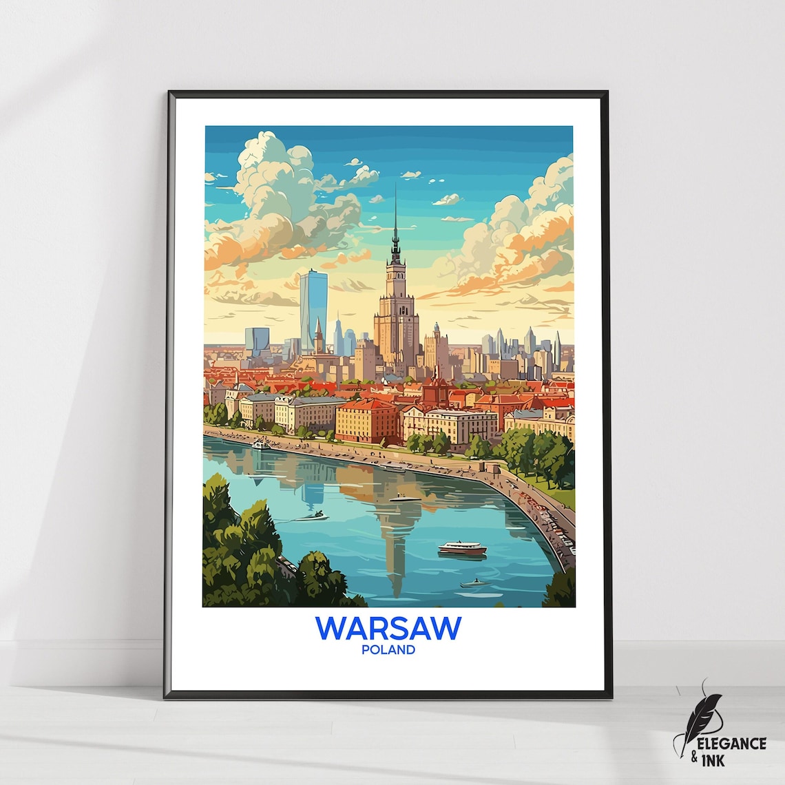 Warsaw Poland Old Town Vistula River Skyline Vintage Travel Poster