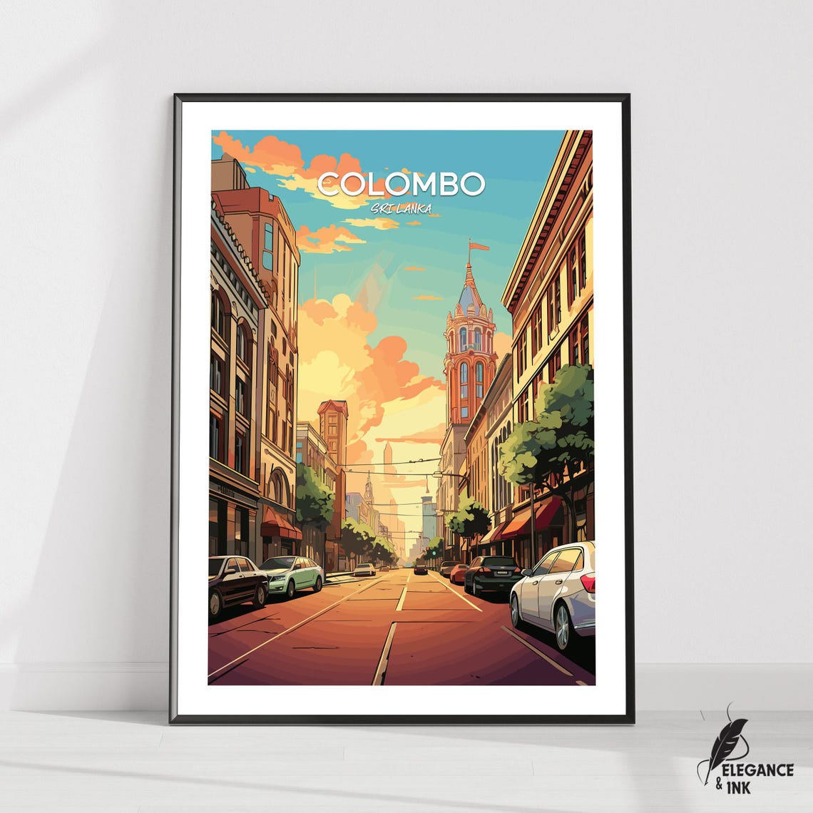 Colombo Sri Lanka Sunset Boulevard Vintage Illustration Poster