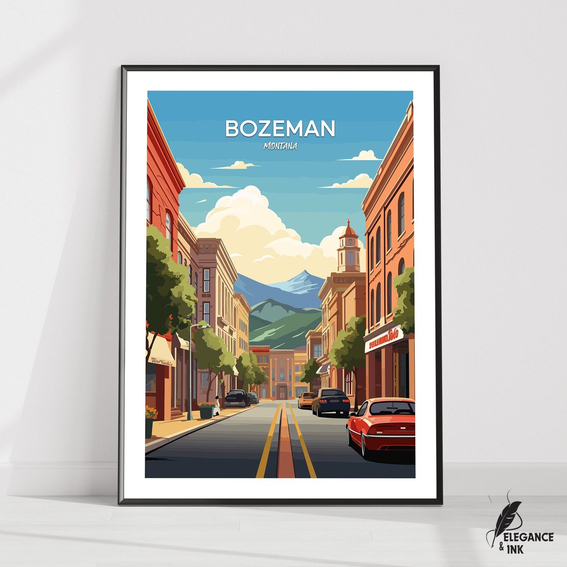 Bozeman Montana Vintage Downtown Street Mountain Travel Poster