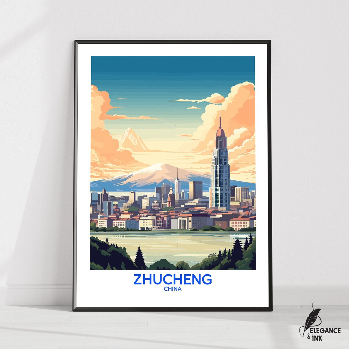 Zhucheng China City Skyline Mountain Sunset Footer Travel Poster