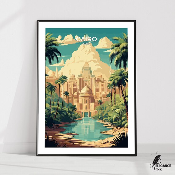 Cairo Egypt Retro Travel Poster With Palm Trees And Domed Rooftops