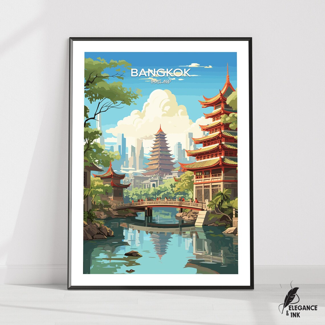 Bangkok Thailand Pagodas River Bridge Temple Garden Travel Poster