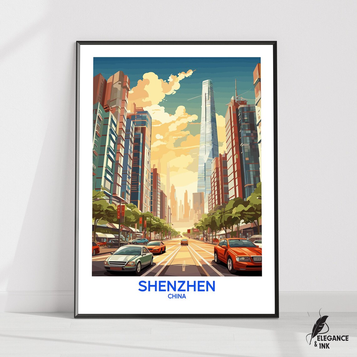 Shenzhen China Modern Skyline Retro Travel Poster For Home Decor