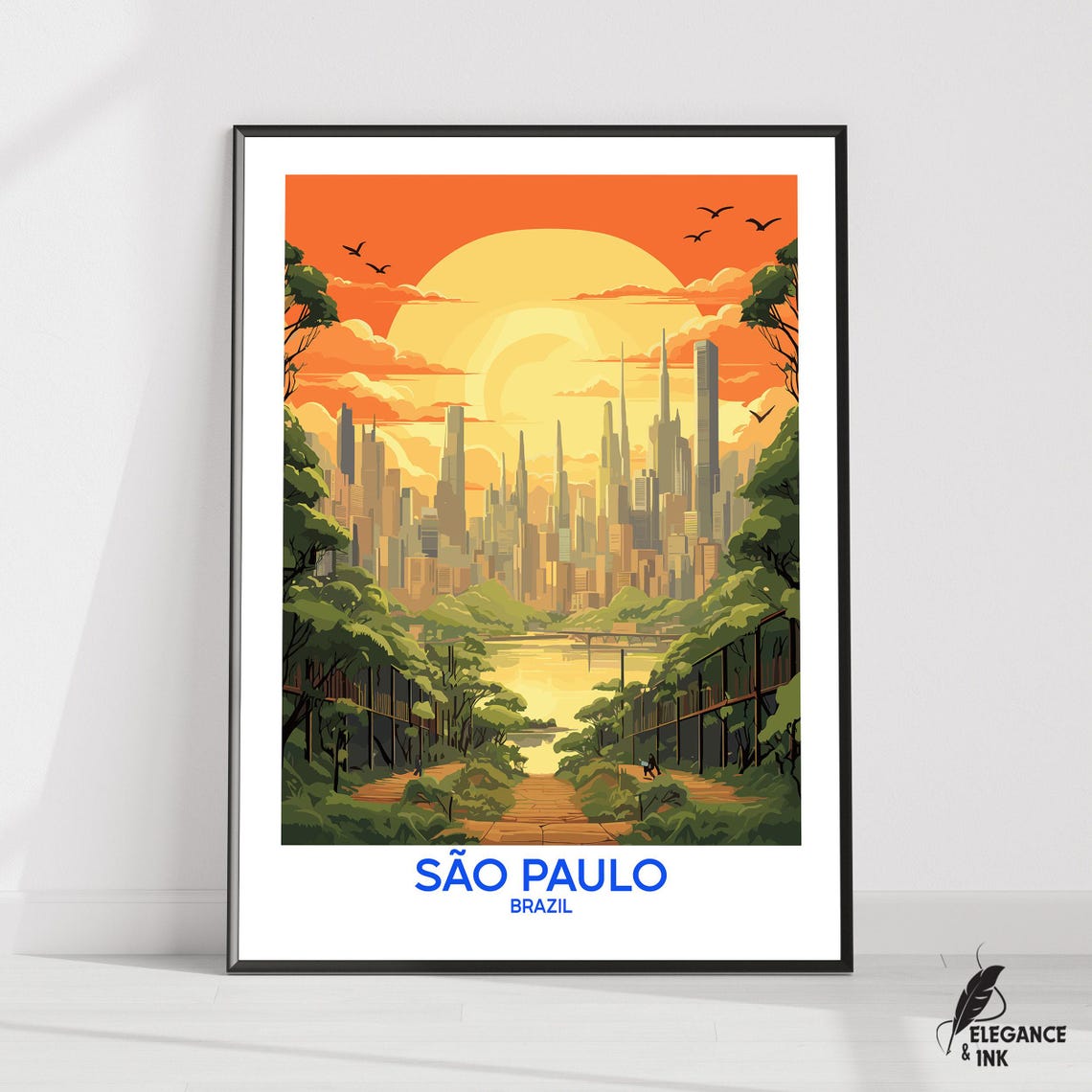 Sao Paulo Brazil Sunset Skyline Vintage Travel Illustration Poster
