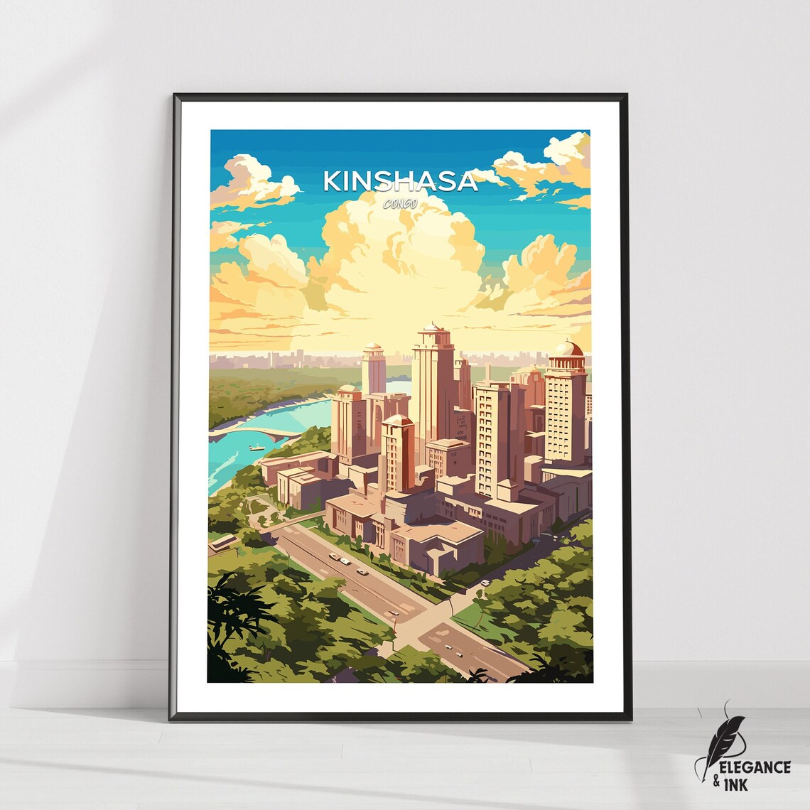 Kinshasa Congo Golden Skyline Vintage Style Blue Travel Poster