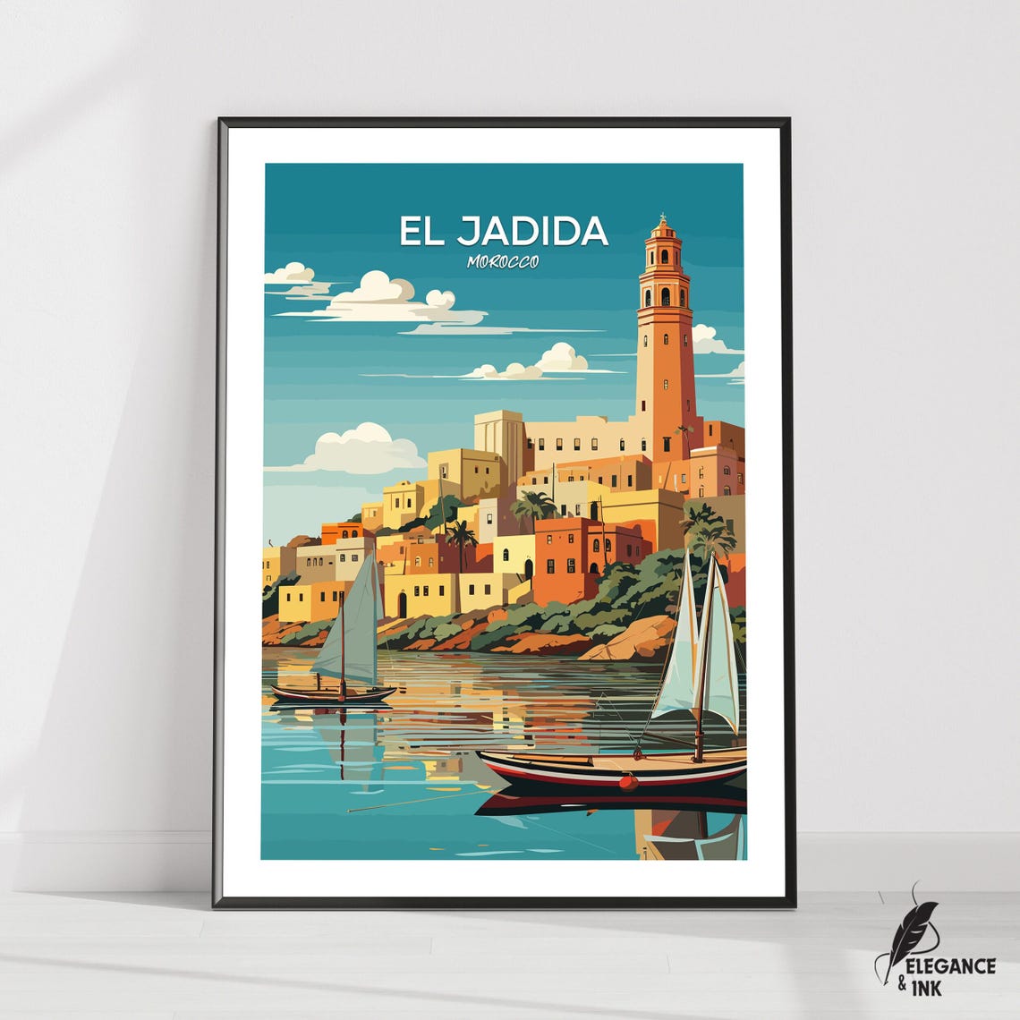 El Jadida Morocco Coastal Town Sailboats Harbor Travel Art Poster