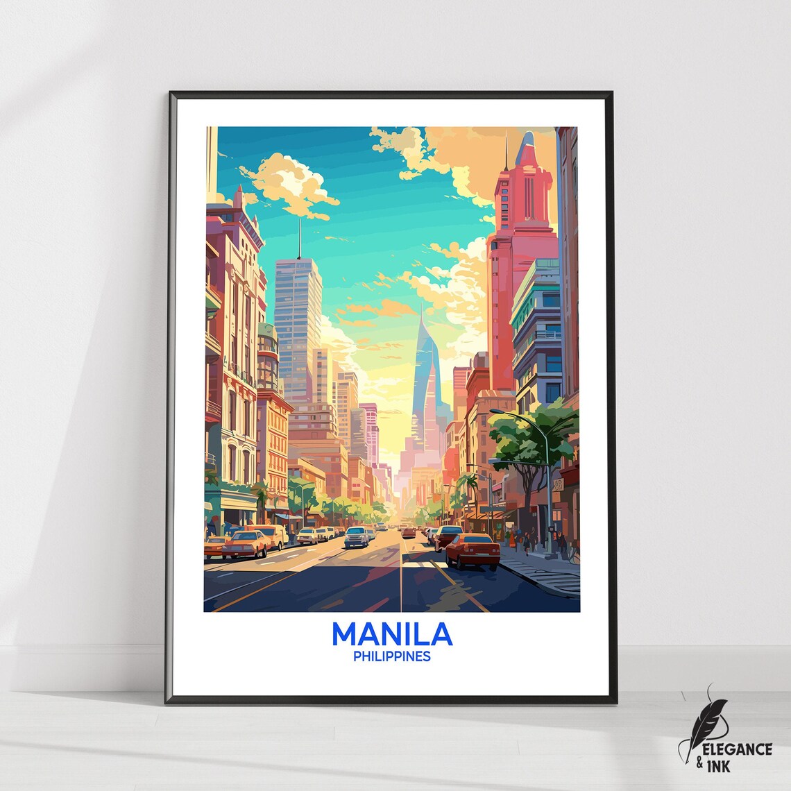 Manila Philippines Sunset City Street Scene Vintage Travel Poster
