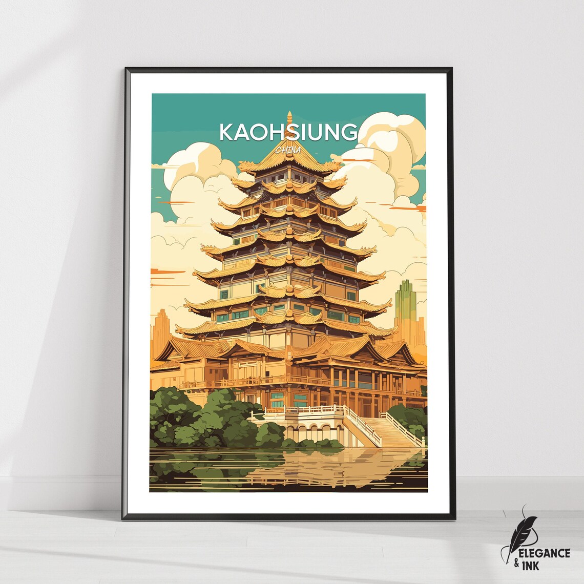 Kaohsiung Golden Pagoda Reflection Vintage Asian Travel Art Poster