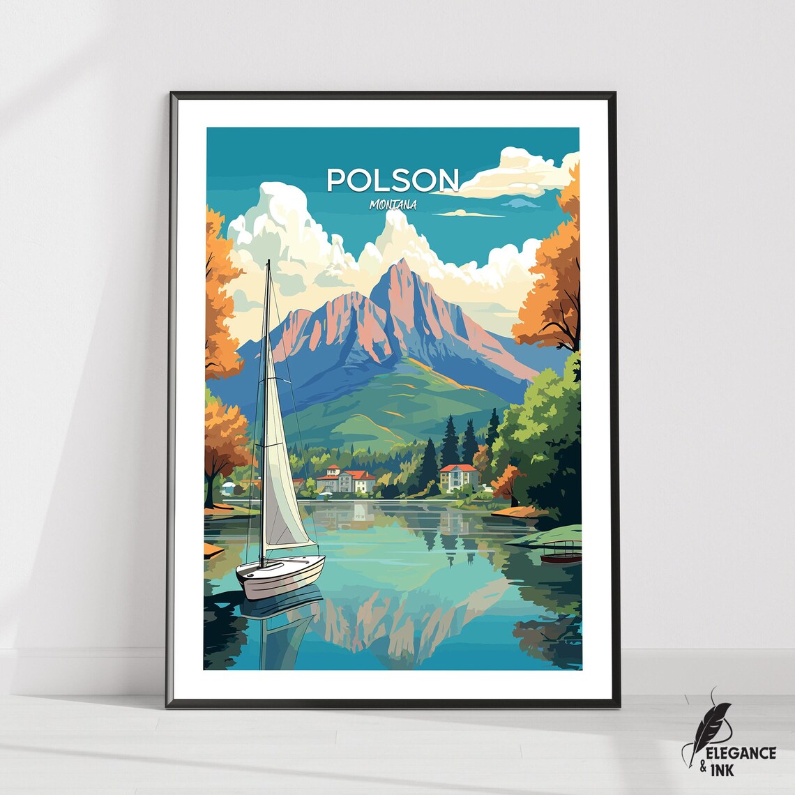 Polson Montana Mountain Lake Sailboat Reflection Travel Art Poster