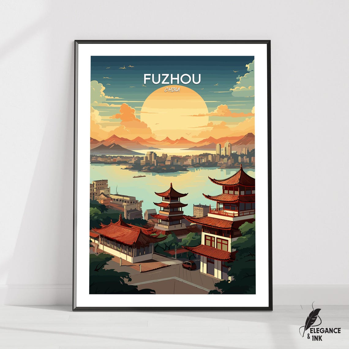 Fuzhou China Lakeside Pagodas Sunset View Vintage Travel Poster