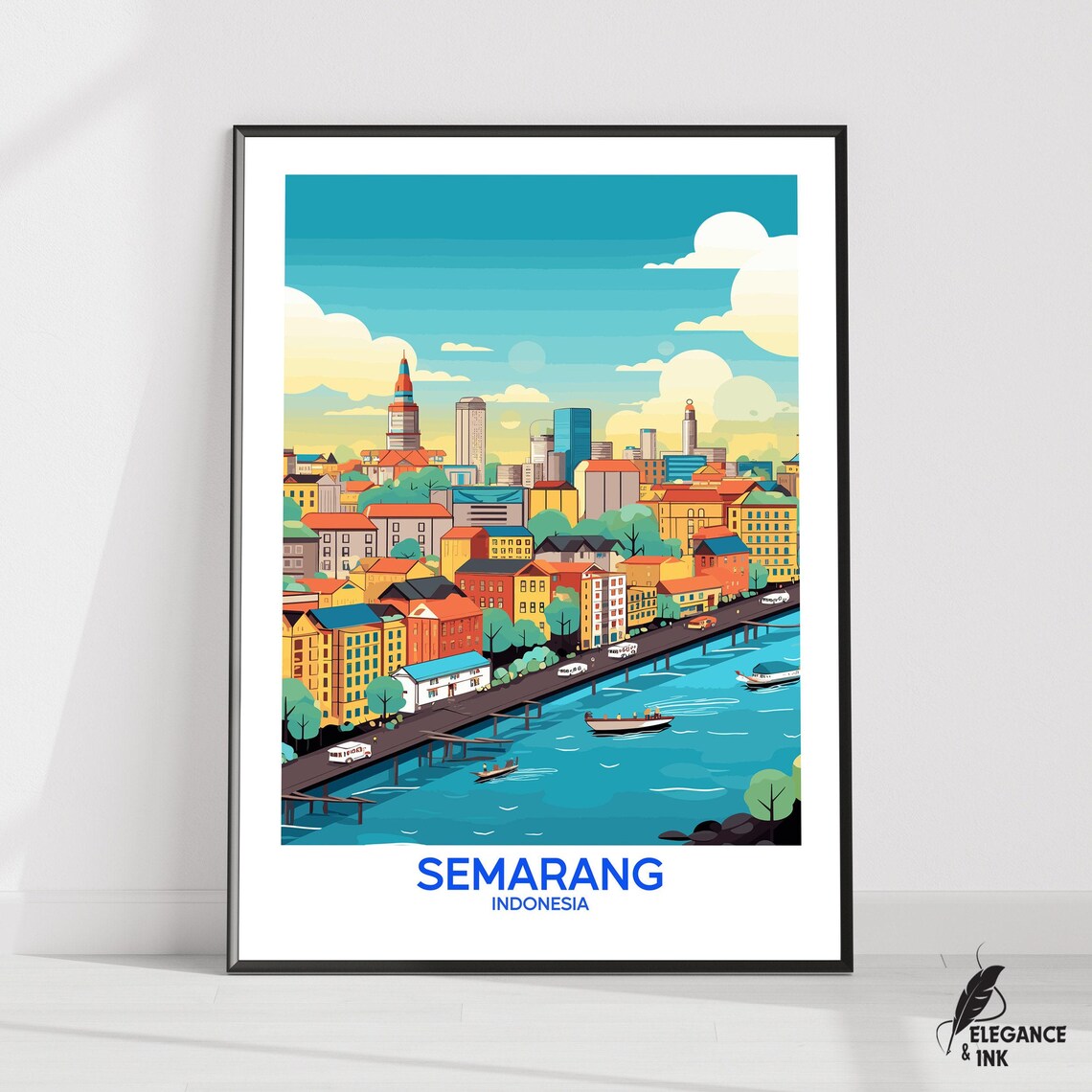 Semarang Indonesia Waterfront Skyline Boats Vintage Travel Poster