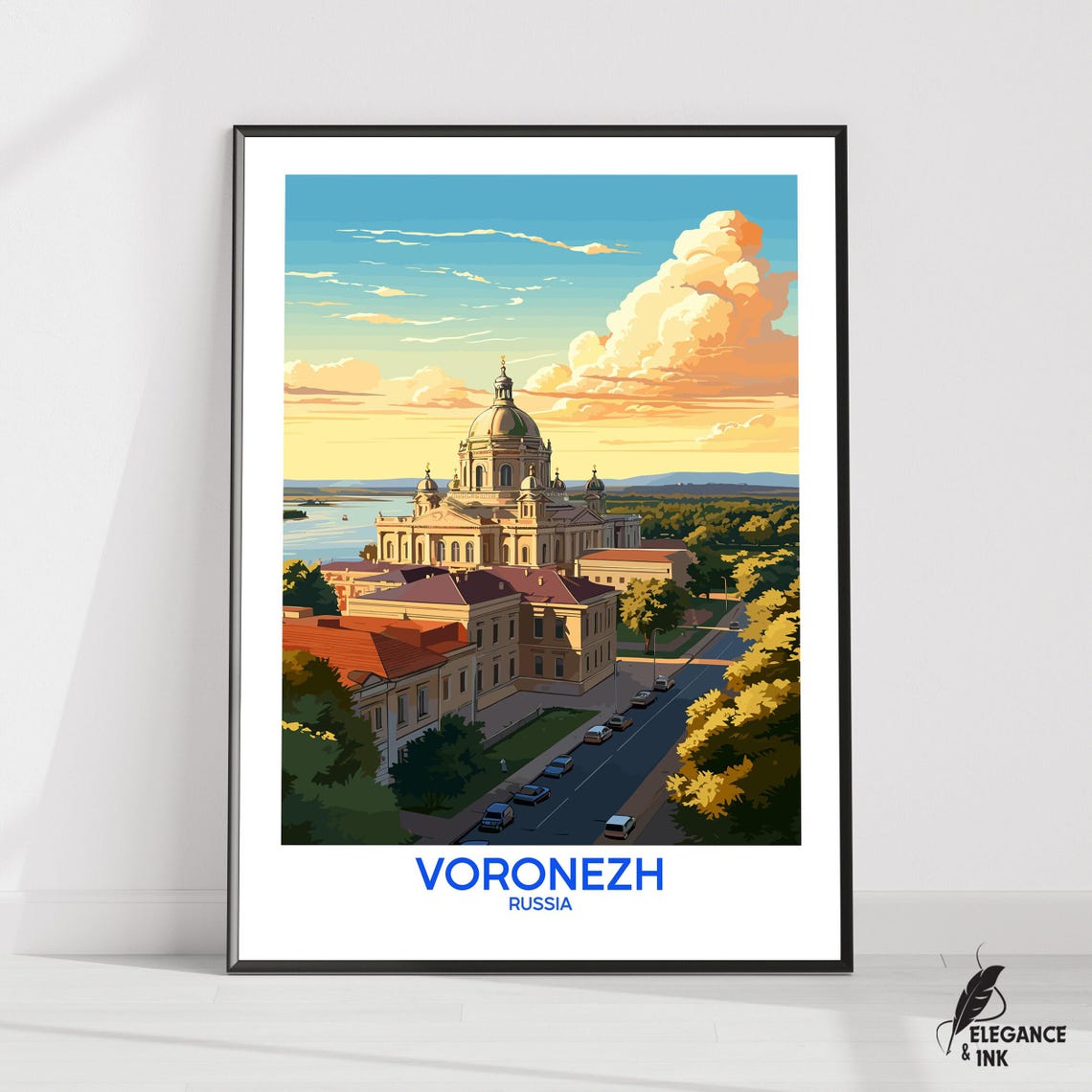 Voronezh Russia Travel Poster Cathedral with Golden Domes at Sunset
