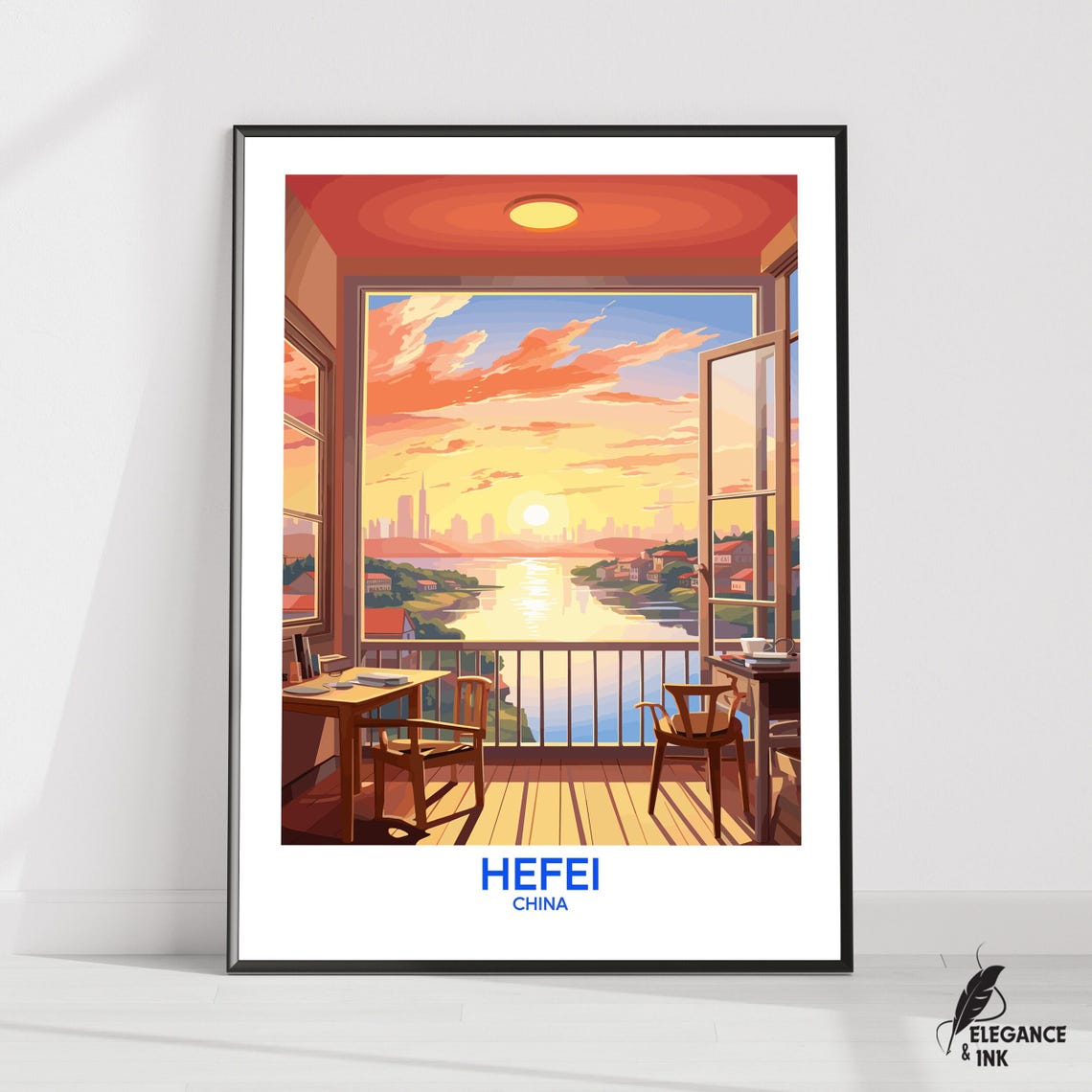 Hefei China Balcony Sunrise Lake View Blue Text Modern Travel Poster