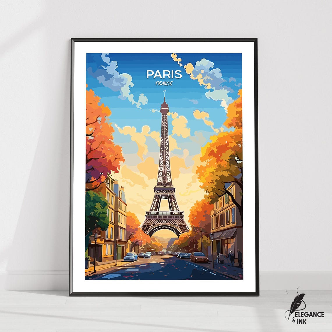 Paris France Golden Autumn Eiffel Tower Fall Foliage Travel Poster