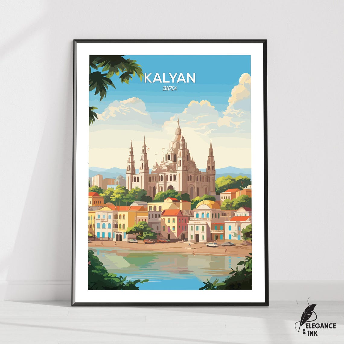 Kalyan India Waterfront Cathedral Skyline Retro Travel Poster