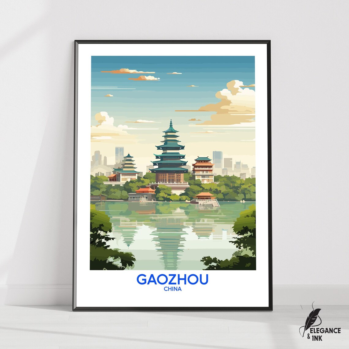 Charming Gaozhou China Pagoda Lake Retro Illustrated Travel Poster