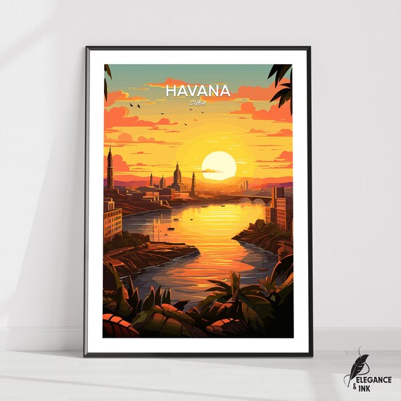 Havana Cuba Sunset Harbor Golden Hour Vintage Style Illustration Poster