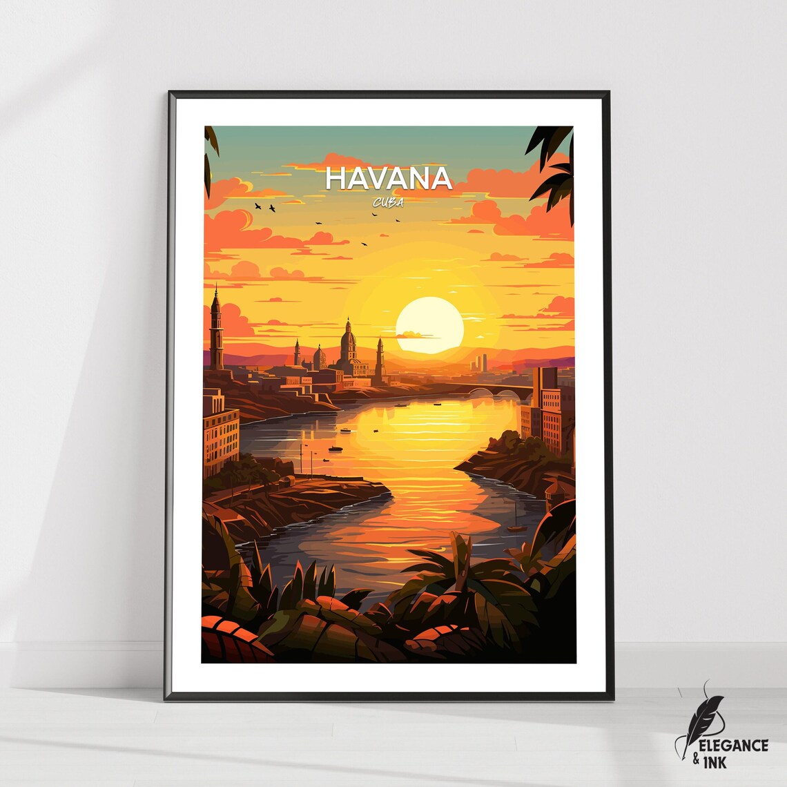 Havana Cuba Sunset Harbor Golden Hour Vintage Style Illustration Poster