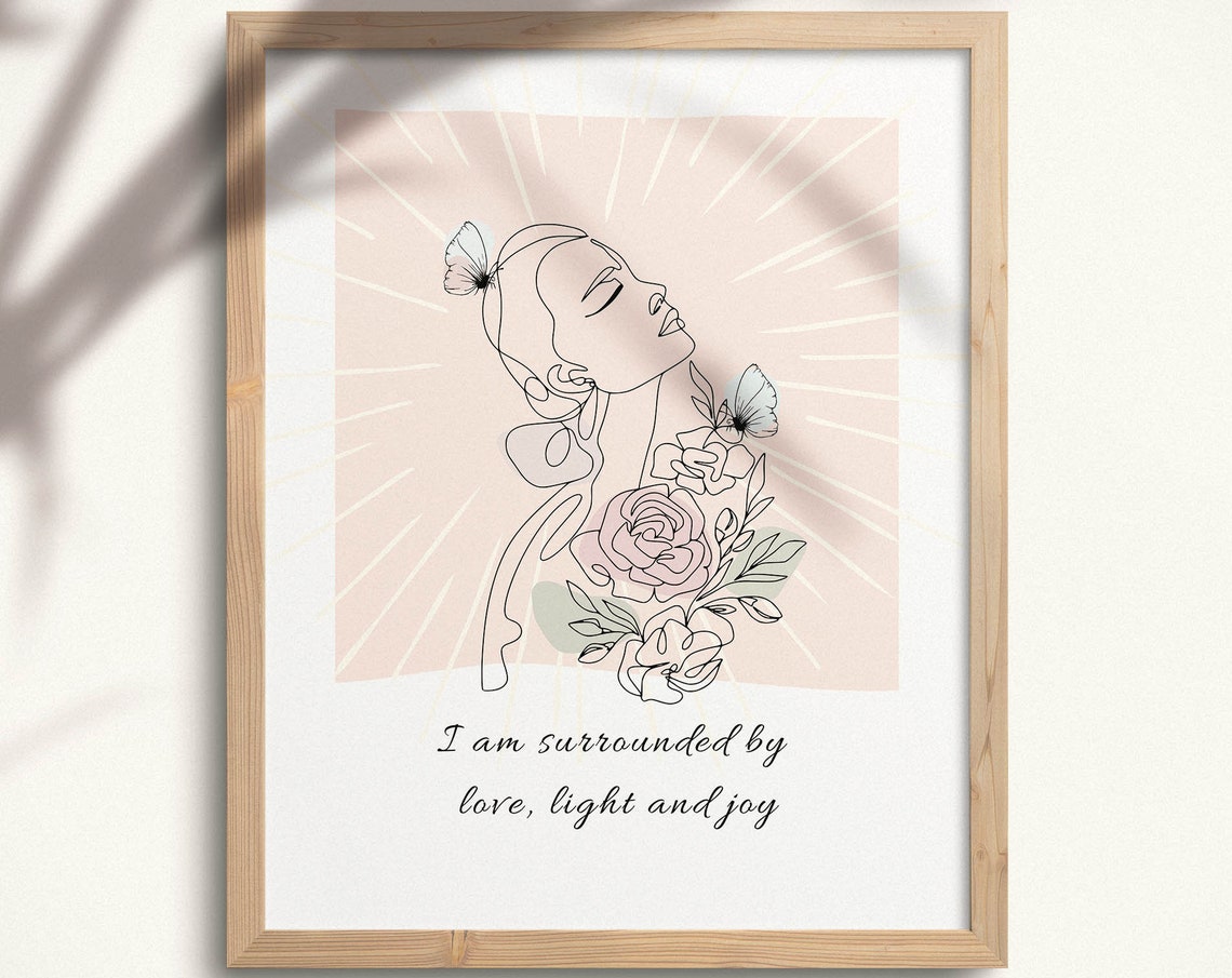 Love Light and Joy Affirmation Boho Line Art Woman Wall Poster