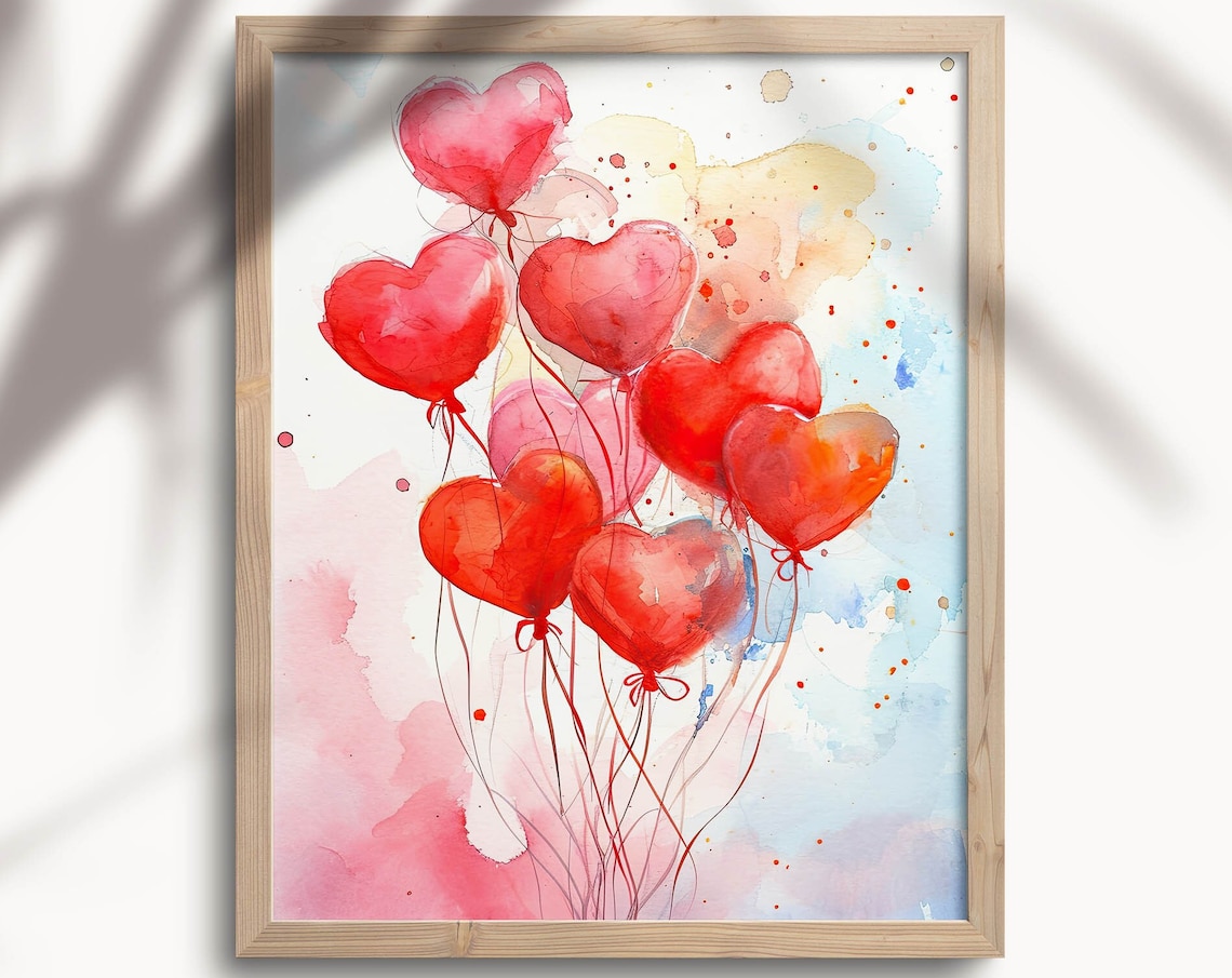 Red Heart Balloons Watercolor Valentine Day Love Wall Poster