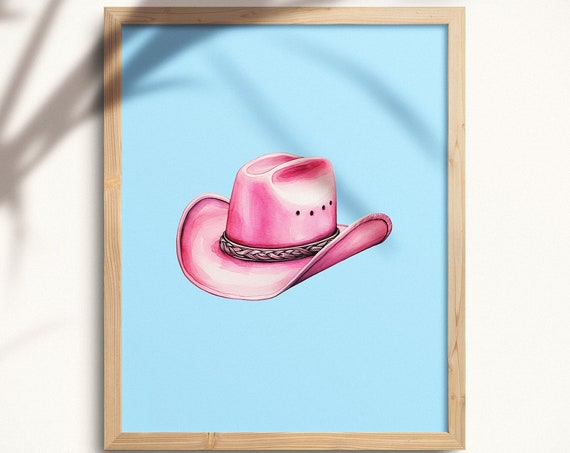 Western Cowgirl Pink Hat On Blue Background Wall Art Instant Teen Bedroom Dcor Preppy Tween Dorm Room Poster Print West01