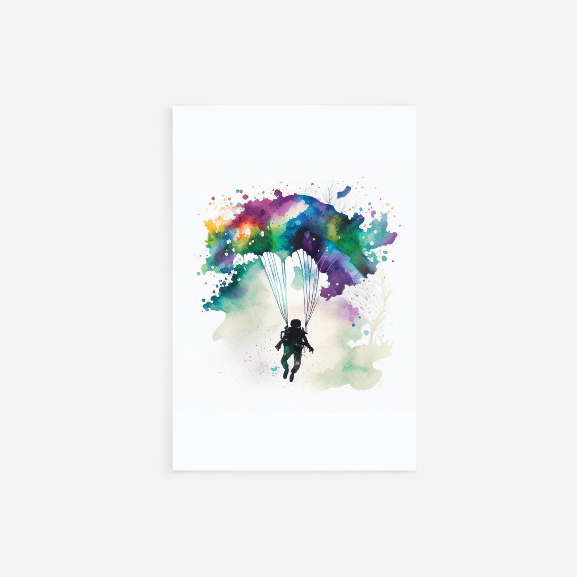 Skydiving Watercolor Poster Parachute Silhouette in Rainbow Splash