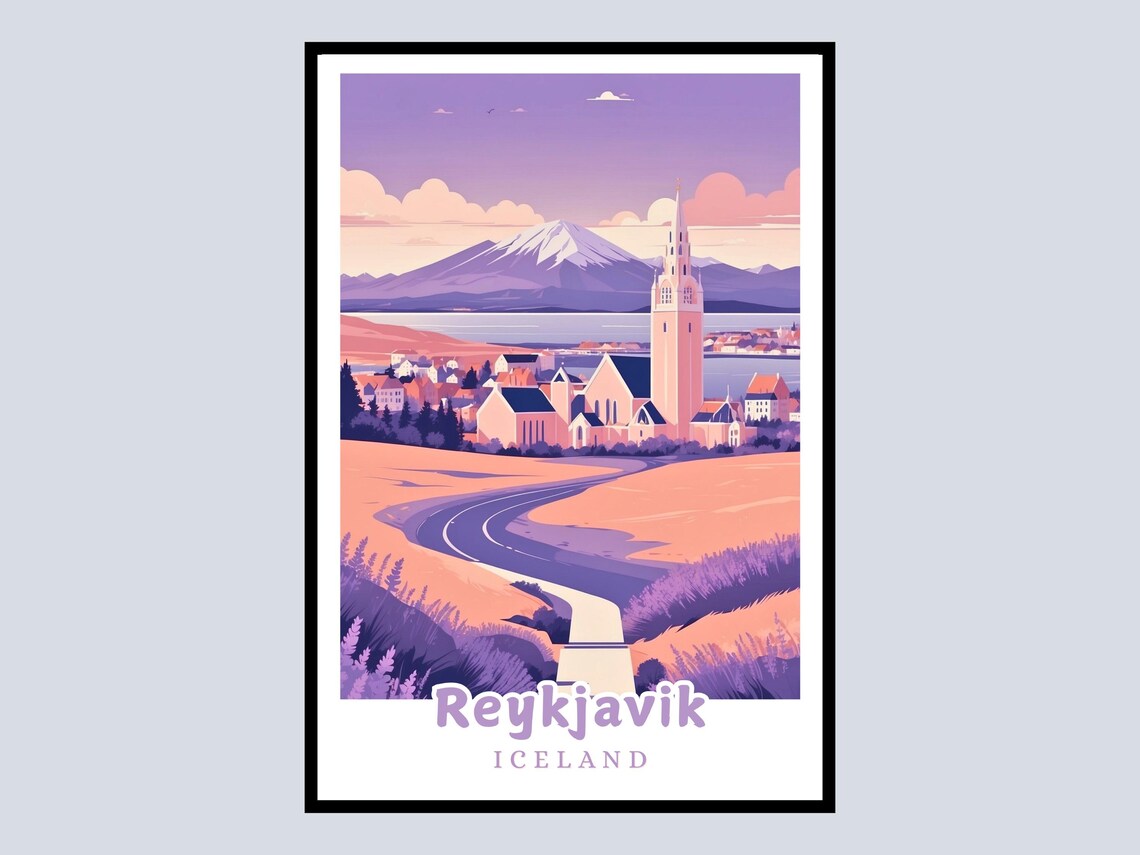Reykjavik Iceland Travel Poster Lavender Church Mountain Landscape