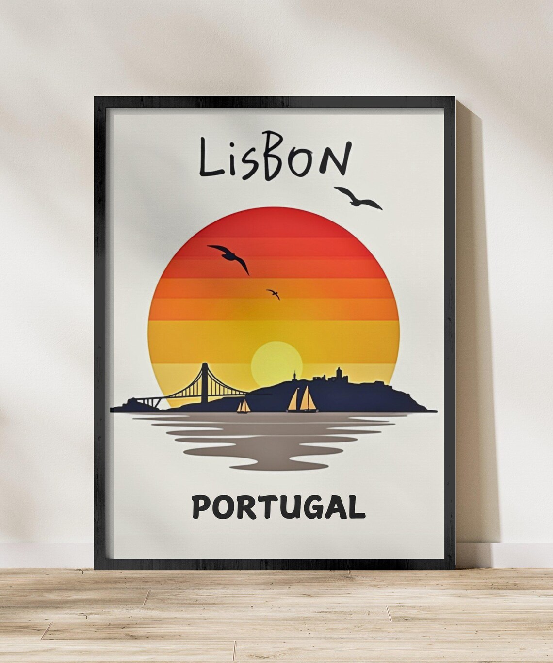 Lisbon Portugal Sunset Bridge Sailboats Silhouette Travel Poster - Image 2