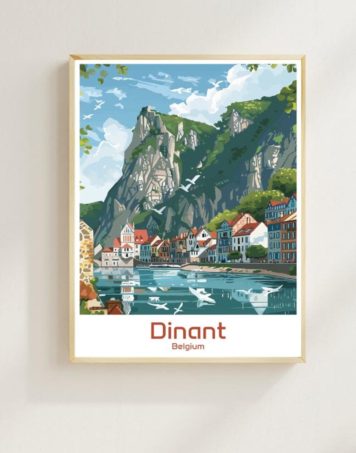 Dinant Belgium Citadel Cliffs Meuse River Town Vintage Travel Poster
