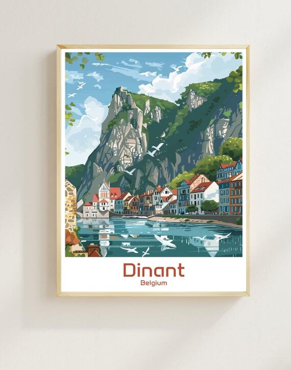 Dinant Belgium Citadel Cliffs Meuse River Town Vintage Travel Poster