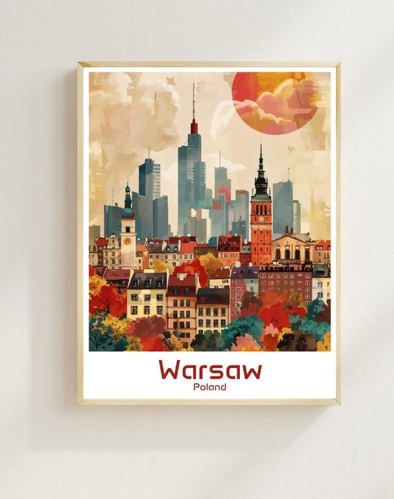 Warsaw Poland Old Town Skyline Sunset Colorful Illustration Poster