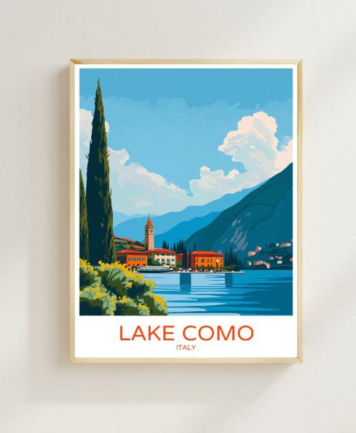 Lake Como Italy Cypress Bell Tower Lakeside Vintage Travel Poster