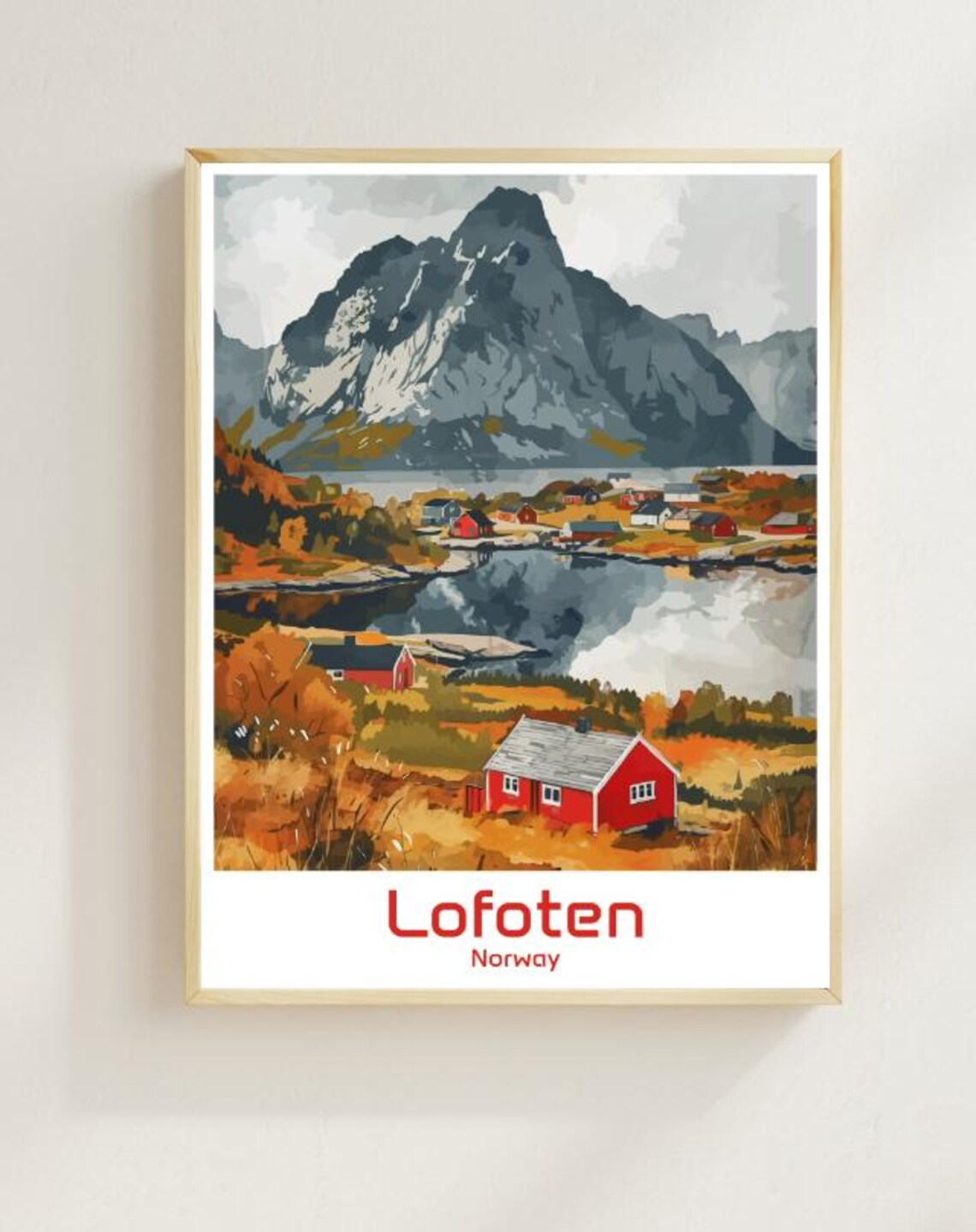 Lofoten Norway Arctic Cabins Fjords Autumn Vintage Travel Poster