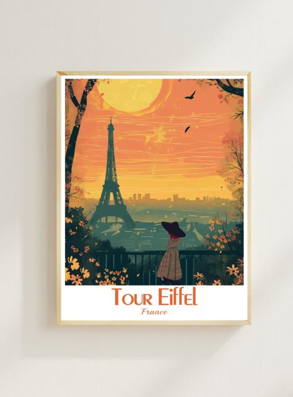 Tour Eiffel Paris Sunset Woman Silhouette Vintage Travel Poster