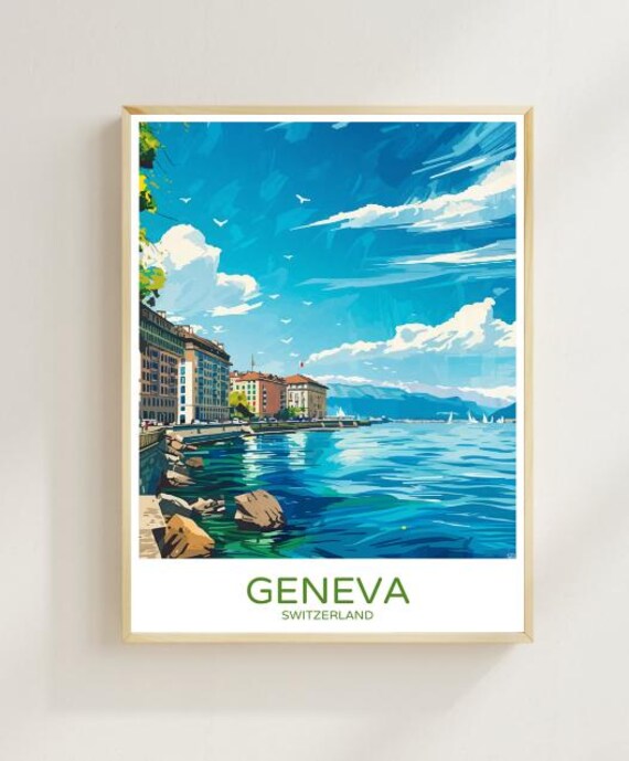 Geneva Switzerland Lakeside Cityscape Scenic Vintage Travel Poster