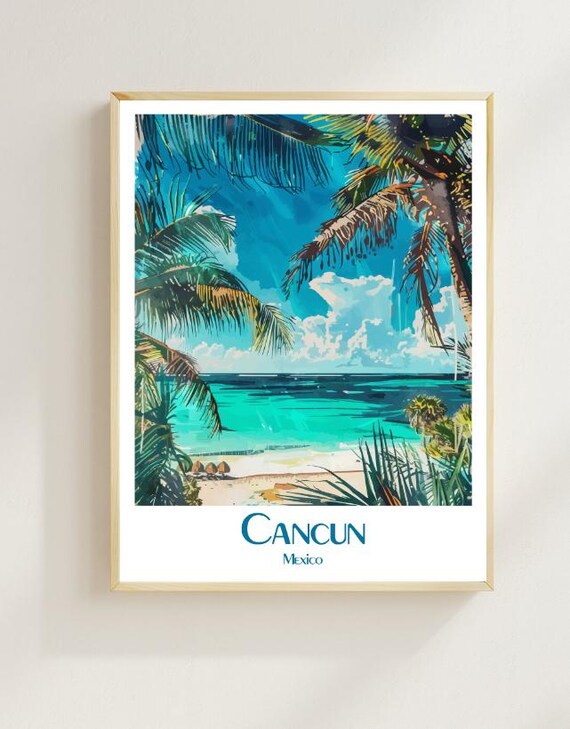 Cancun Mexico Palm Framed Turquoise Beach Ocean View Art Poster