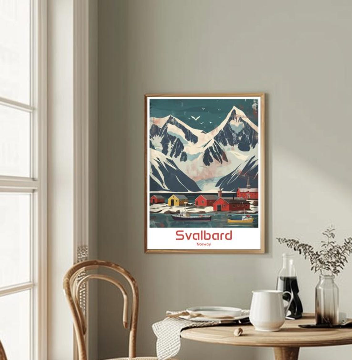 Svalbard Norway Arctic Snowy Peaks Harbor Retro Illustration Poster - Image 2