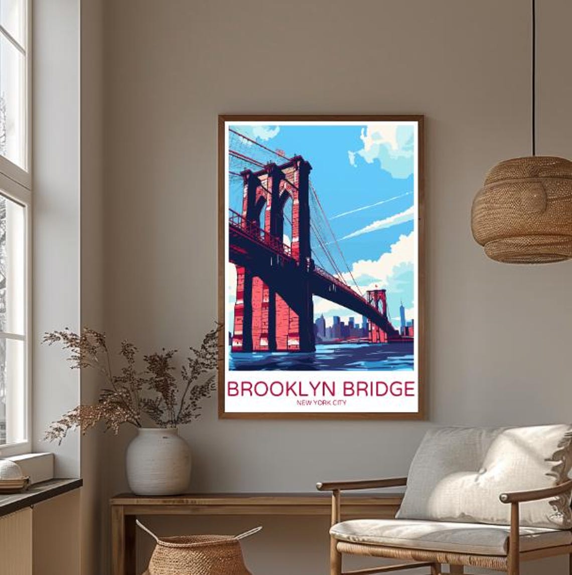 Brooklyn Bridge New York City Red Towers And Skyline Travel Poster - Image 3