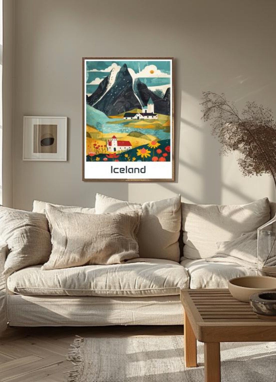 Iceland Mountain Village Church Wildflowers Nordic Landscape Poster - Image 3