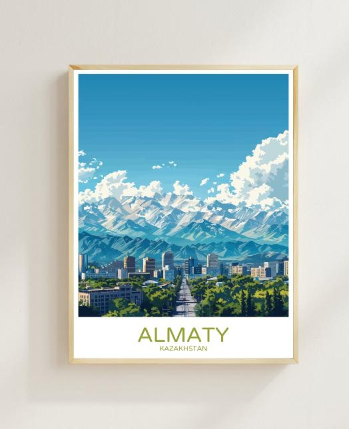 Almaty Kazakhstan City Skyline Against Snowy Mountain Poster