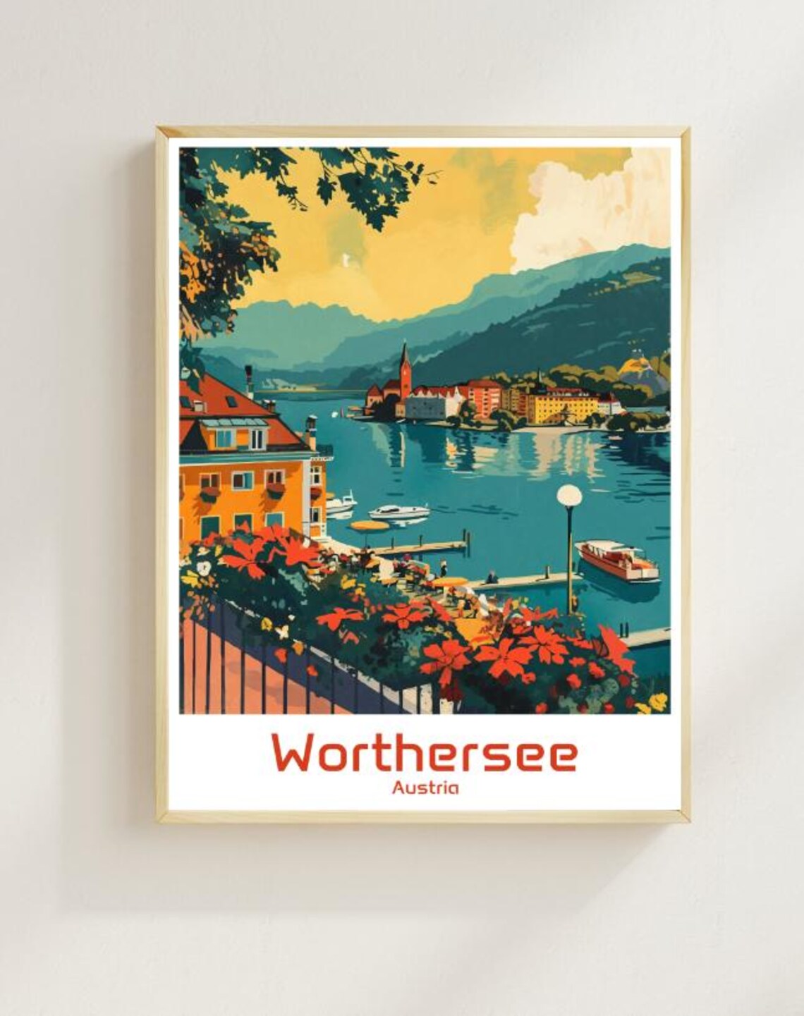 Worthersee Austria Lakeside Flowers Boats Alpine Travel Poster