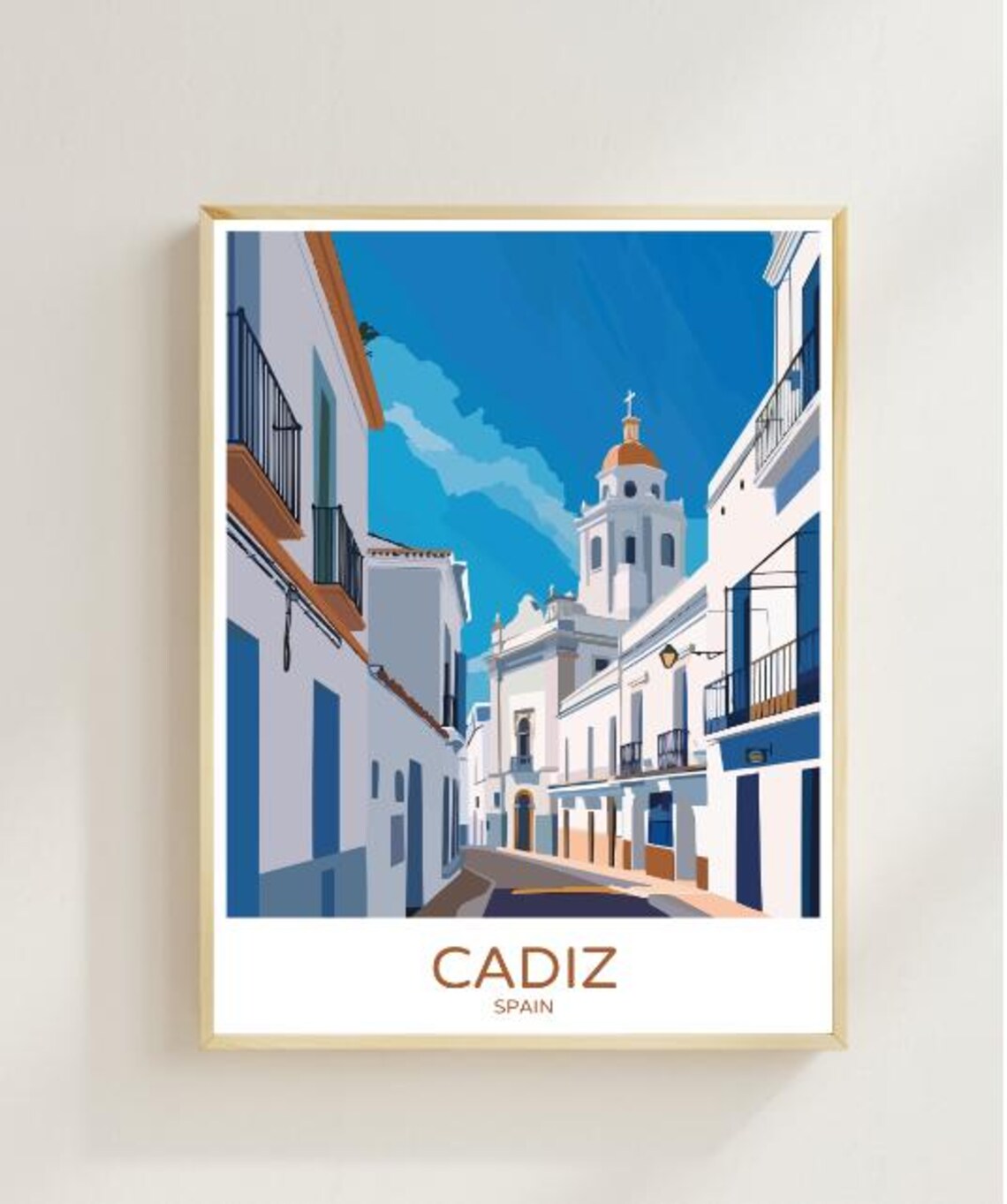 Cadiz Spain Travel Poster With Historic White Street And Church Tower