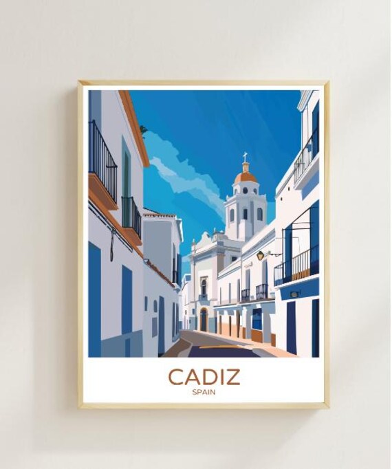Cadiz Spain Travel Poster With Historic White Street And Church Tower