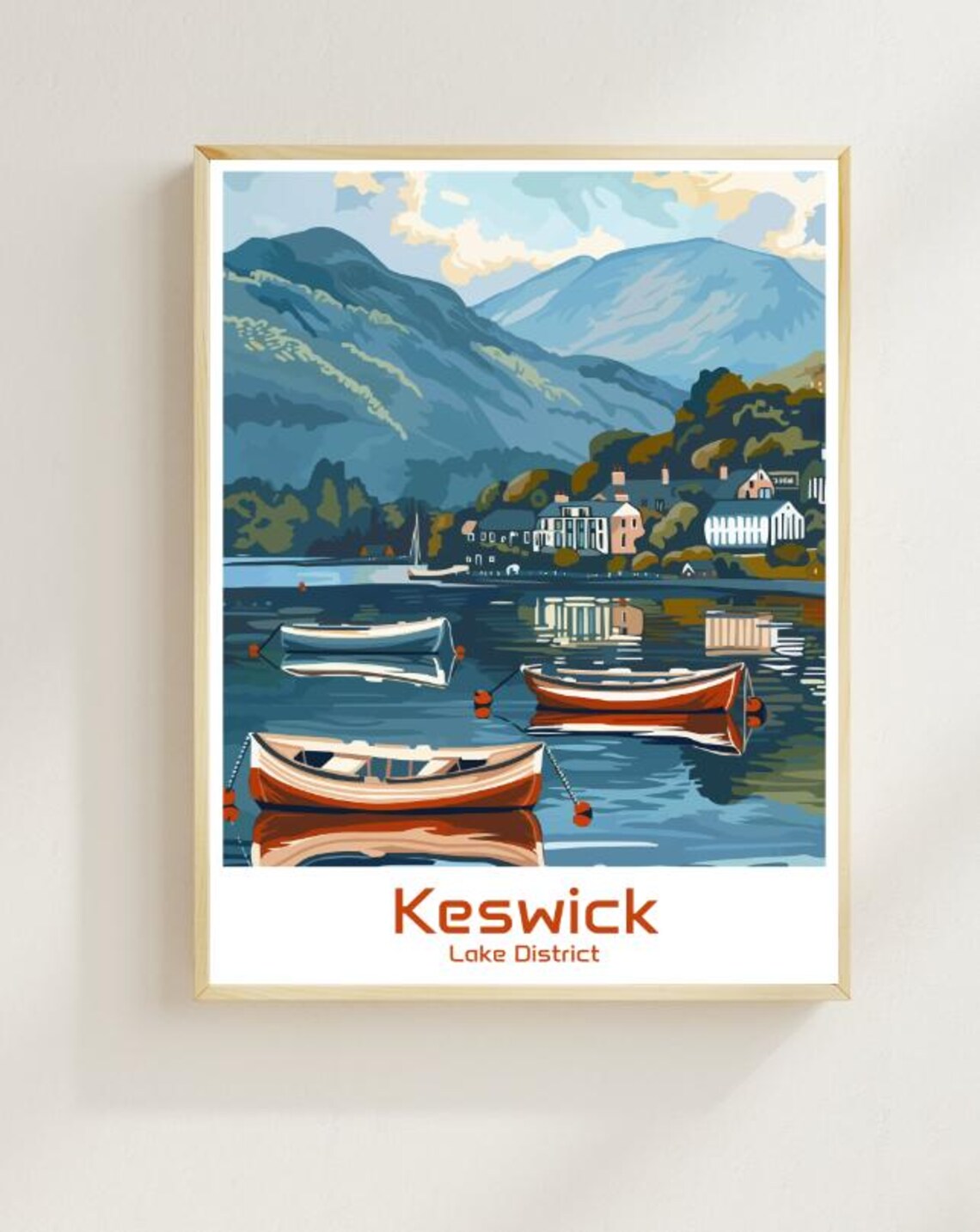Keswick Lake District Rowing Boats Mountain Lake England Travel Poster